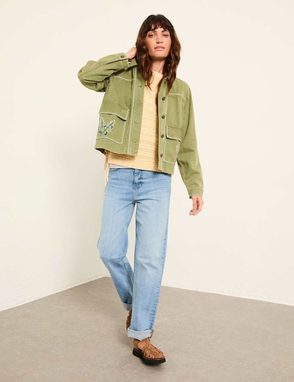 FatFace Denim Embroidered Cropped Utility Jacket Khaki Mix
