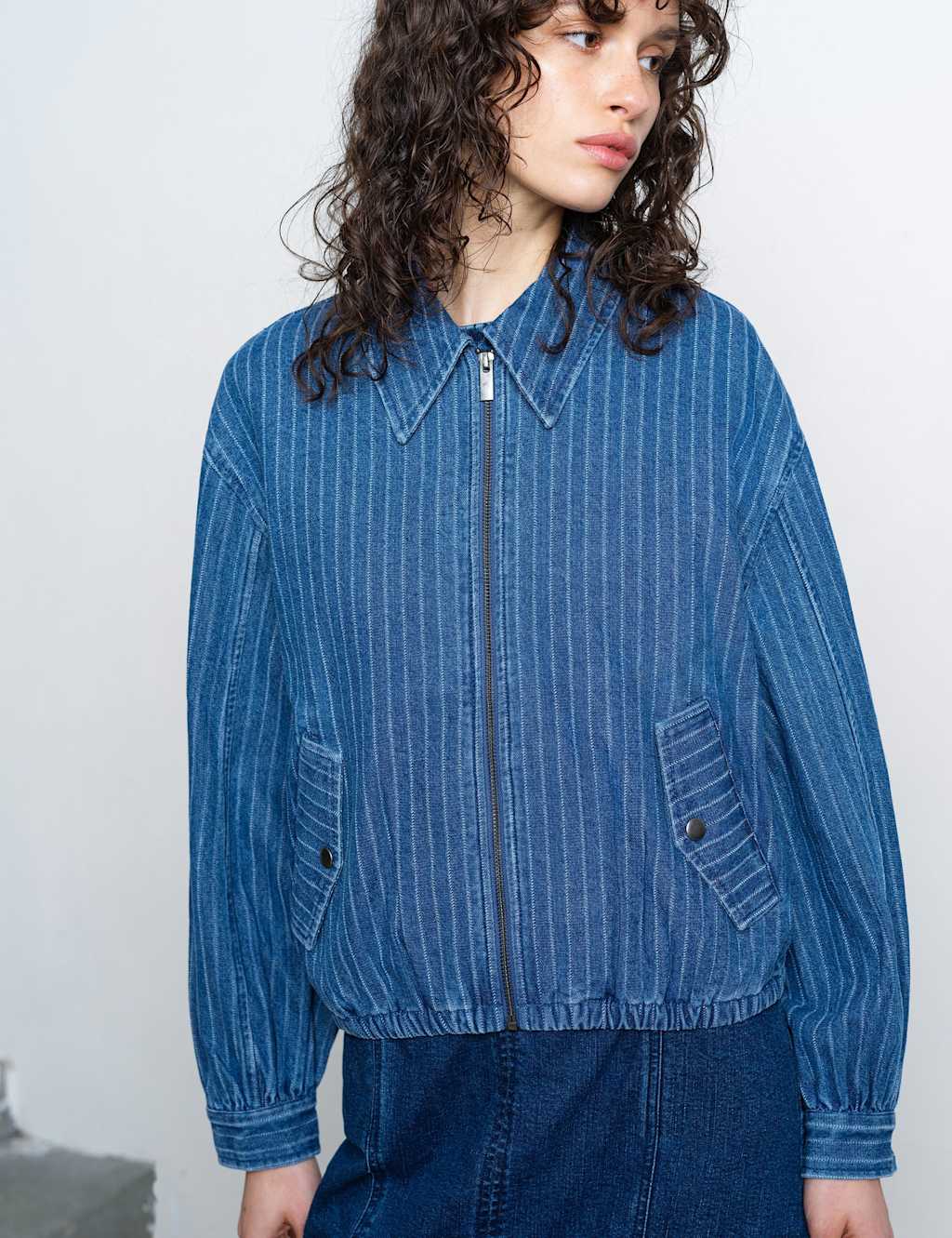French Connection Denim Pinstriped Bomber Jacket Denim Mix