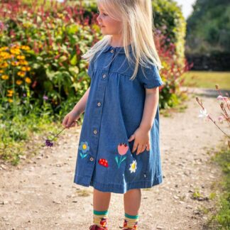 Frugi Denim Flower Embroidered Dress (3 Mths-8 Yrs) Blue