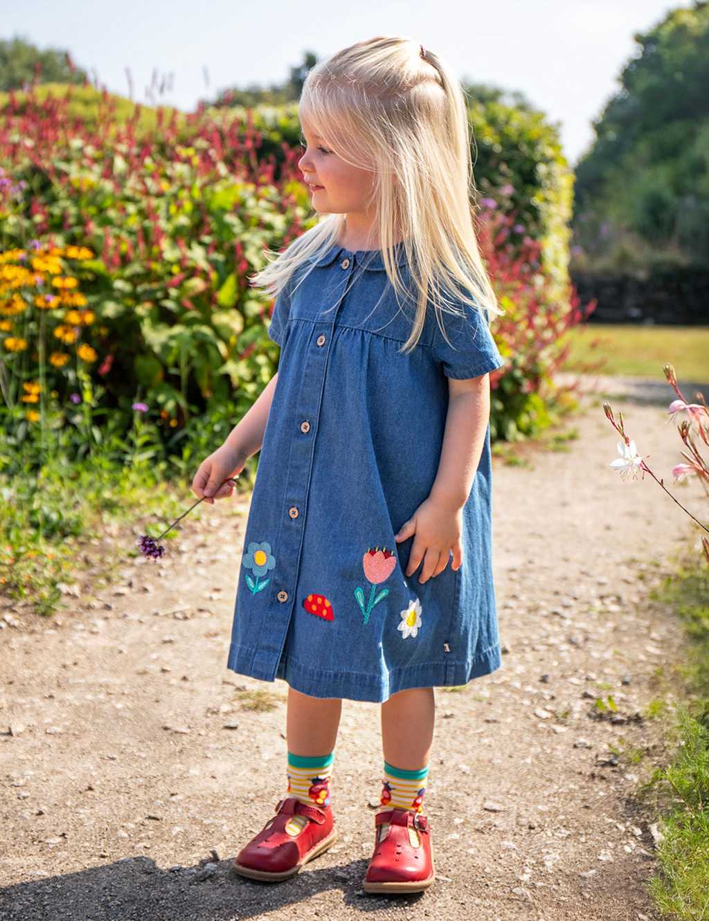 Frugi Denim Flower Embroidered Dress (3 Mths-8 Yrs) Blue
