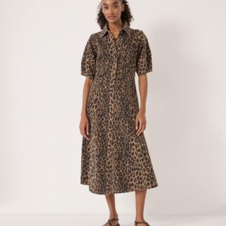 HUSH Denim Animal Print Midi Shirt Dress Brown Mix