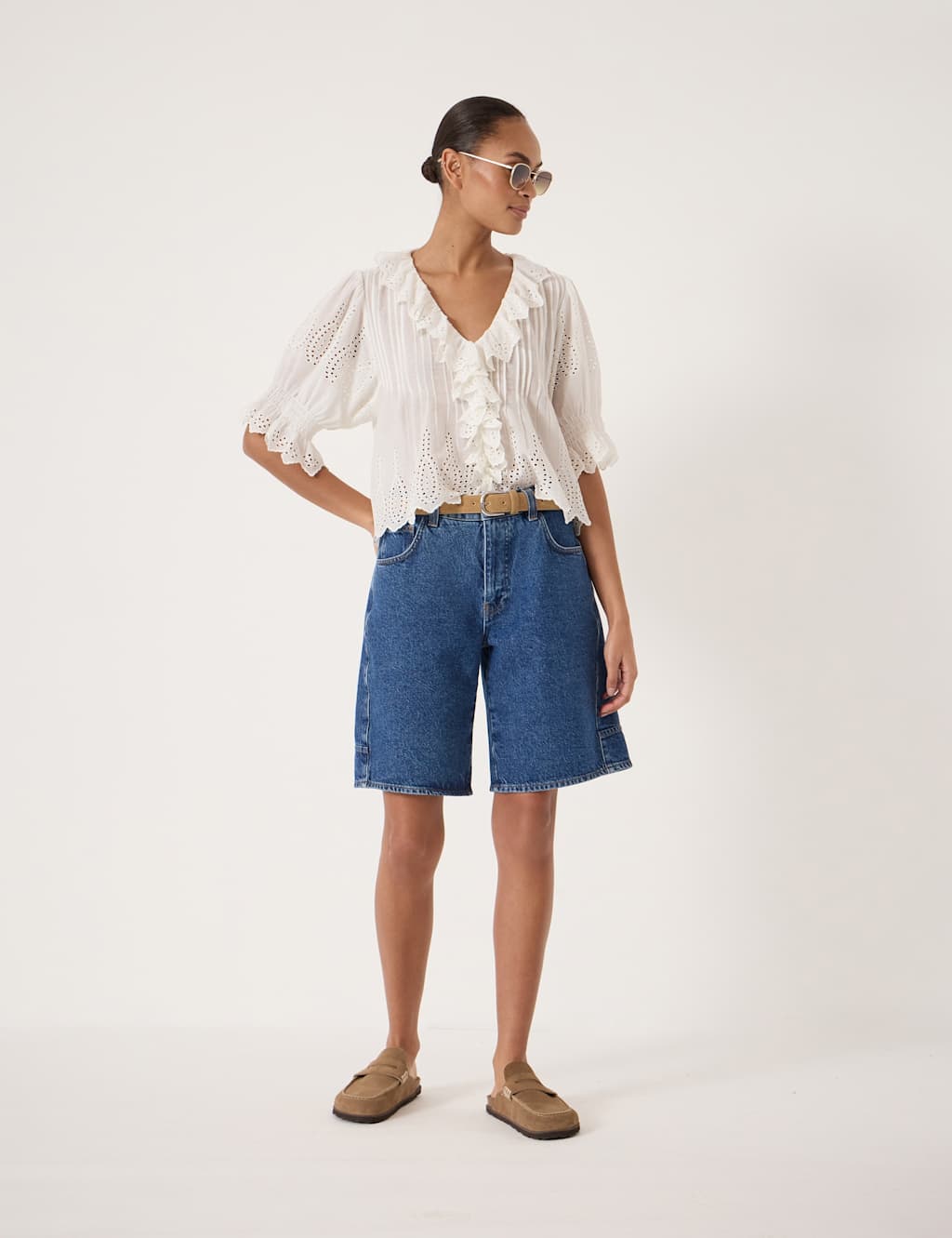 HUSH Denim Knee Length Shorts Mid Blue