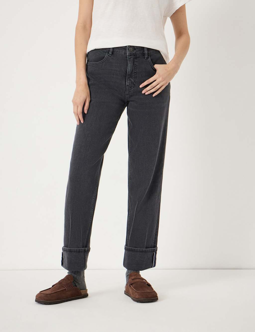 HUSH Mid Rise Straight Leg Turn Up Jeans Black