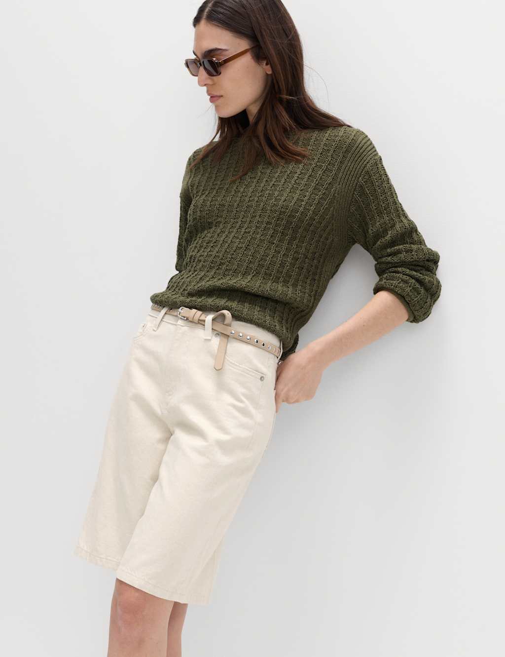 M&S Denim High Waisted Jorts with Linen Ecru