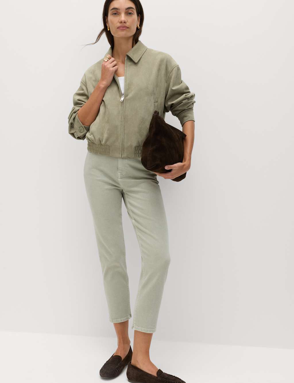 M&S High Waisted Cropped Slim Fit Jeans Soft Khaki