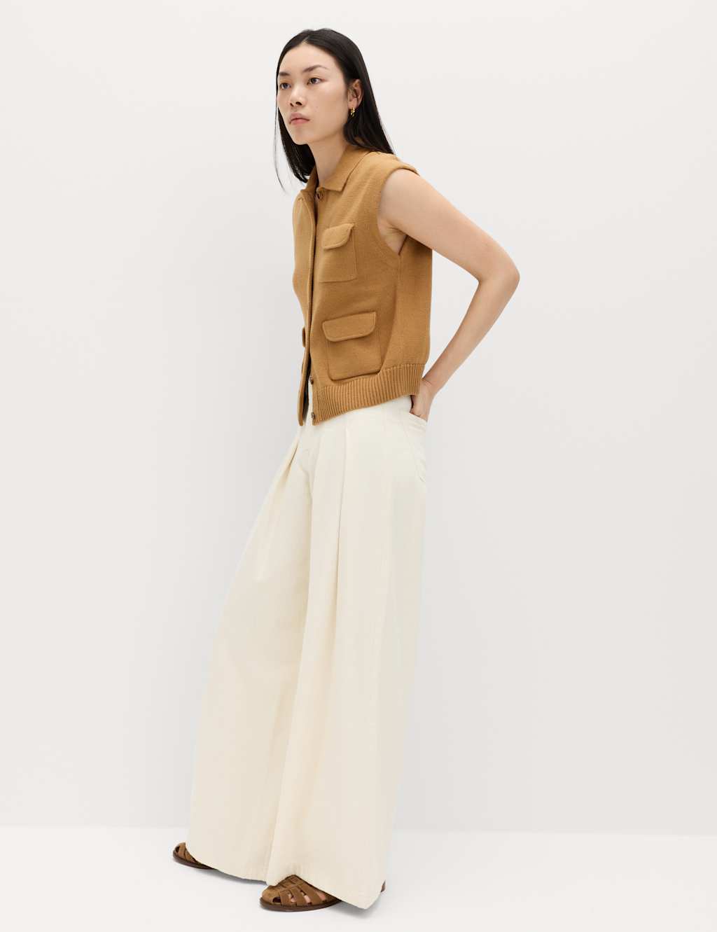 M&S High Waisted Pleated Palazzo Jeans Ecru