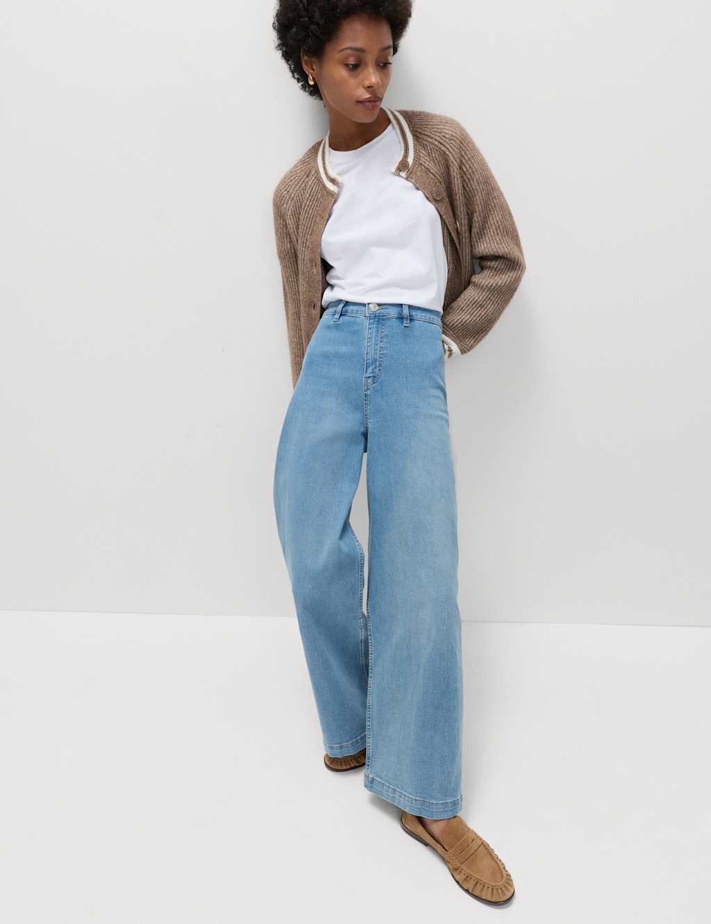 M&S High Waisted Wide Leg Ankle Grazer Jeans Light Indigo