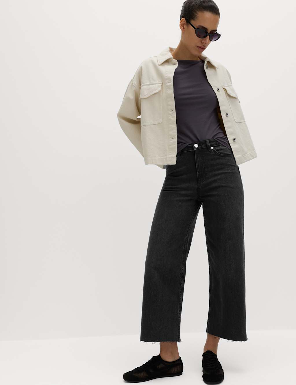 M&S High Waisted Wide Leg Cropped Jeans Black
