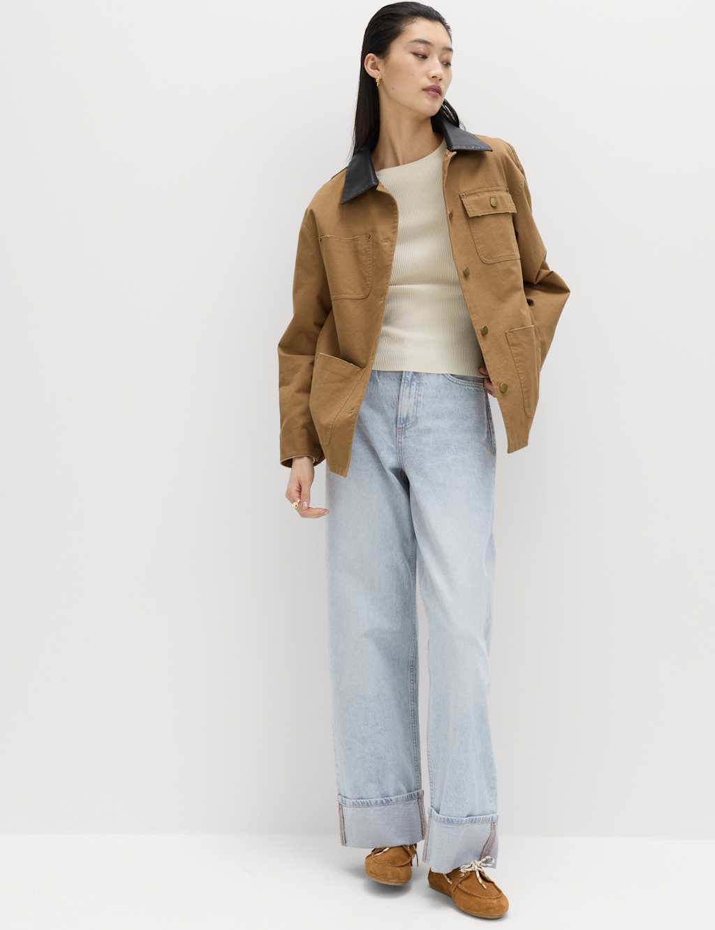 M&S High Waisted Wide Leg Turn Up Jeans Light Denim