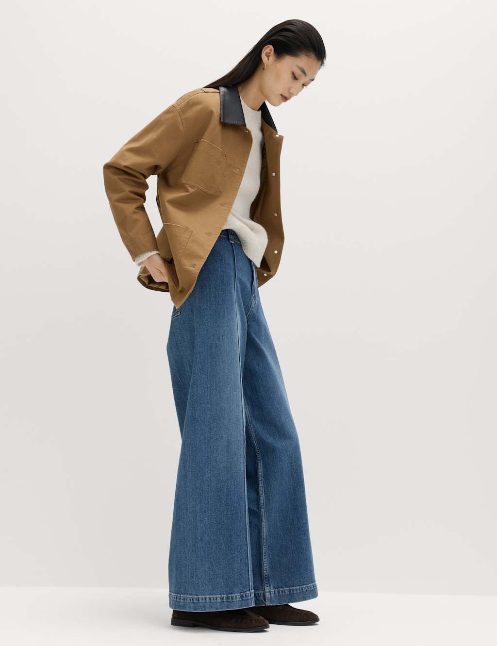 M&S Pintuck Wide Leg Ankle Grazer Jeans Medium Indigo