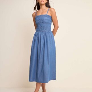 Nobody's Child Denim Square Neck Midi Shirred Dress Blue