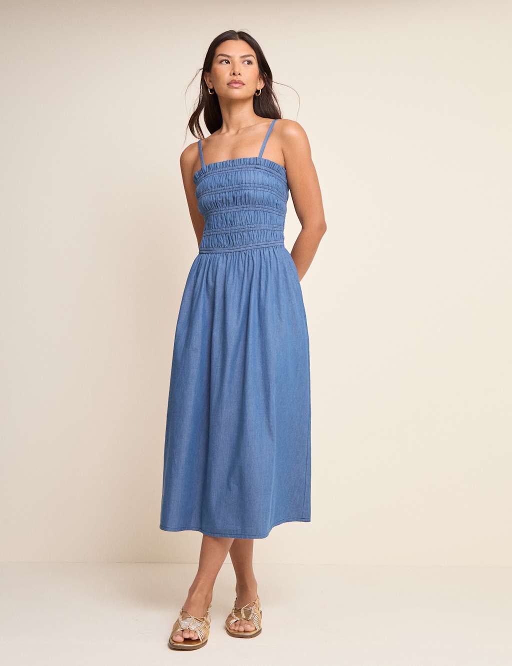 Nobody's Child Denim Square Neck Midi Shirred Dress Blue