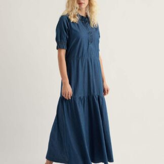 Seasalt Cornwall Pure Cotton High Neck Midi Tiered Dress Blue Denim