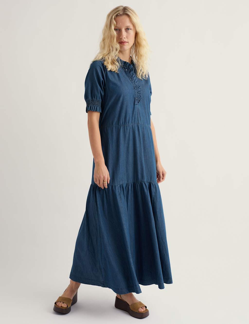Seasalt Cornwall Pure Cotton High Neck Midi Tiered Dress Blue Denim