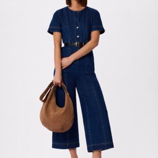 Whistles Pure Cotton Button Front Short Sleeve Jumpsuit Denim