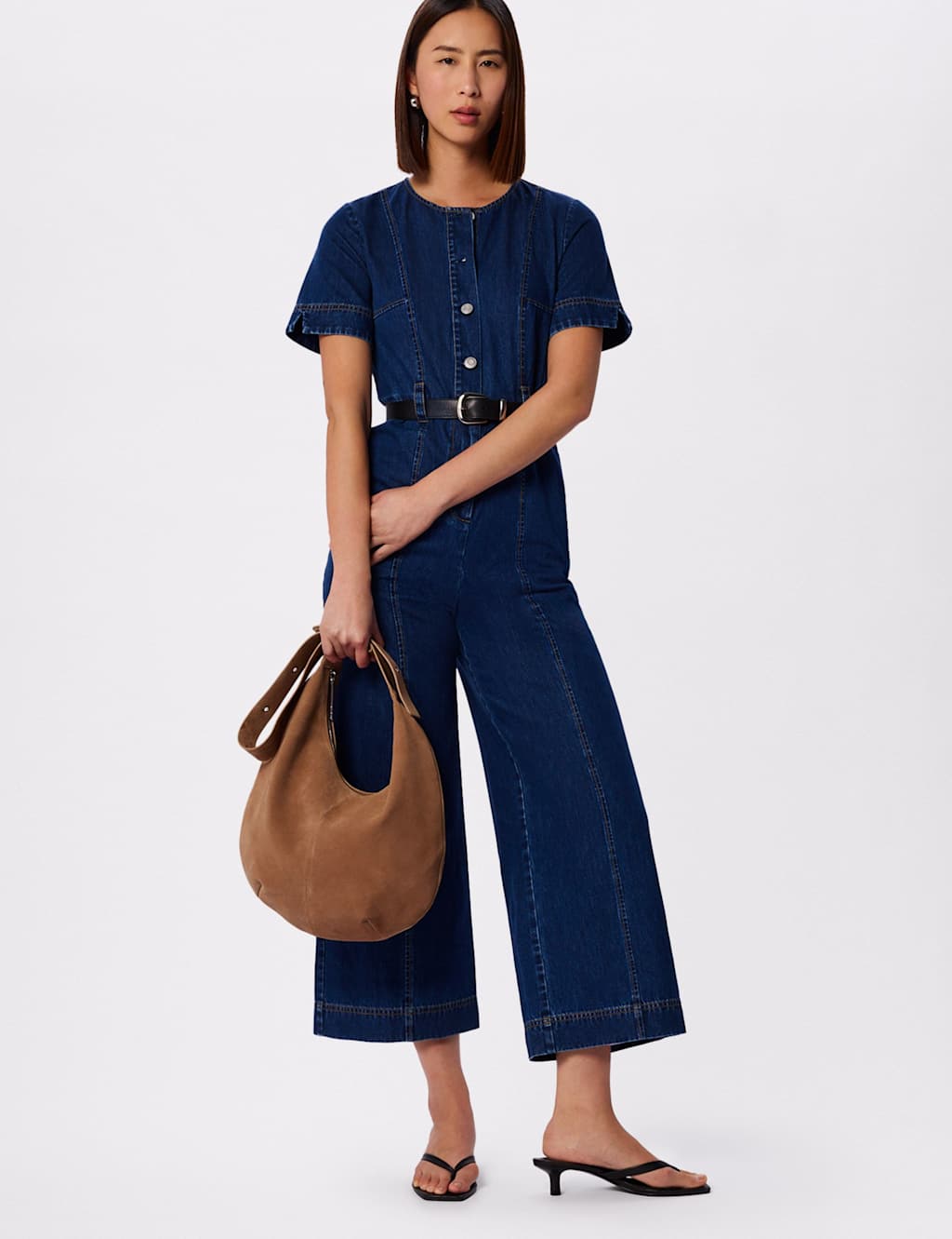 Whistles Pure Cotton Button Front Short Sleeve Jumpsuit Denim