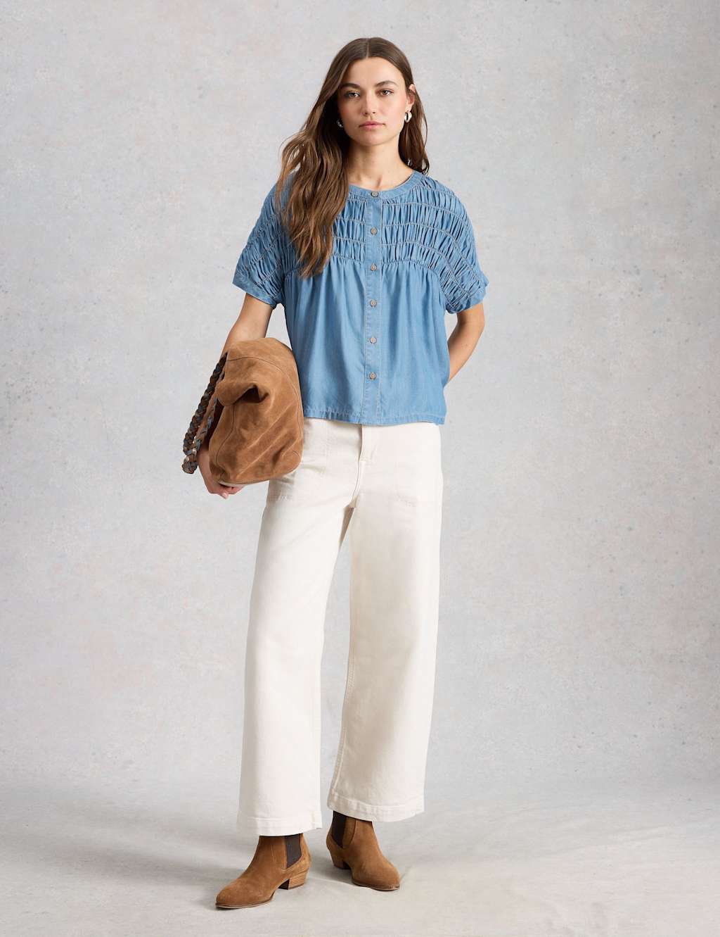 White Stuff Chambray Gathered Button Through Blouse Blue Denim