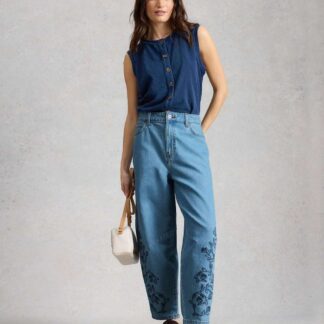 White Stuff Mid Rise Embroidered Barrel Jeans Denim