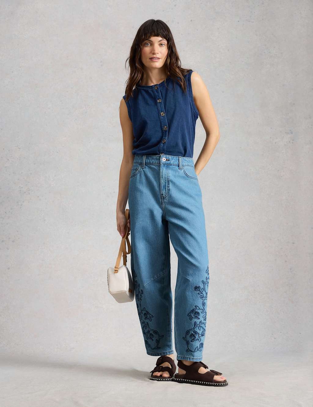 White Stuff Mid Rise Embroidered Barrel Jeans Denim