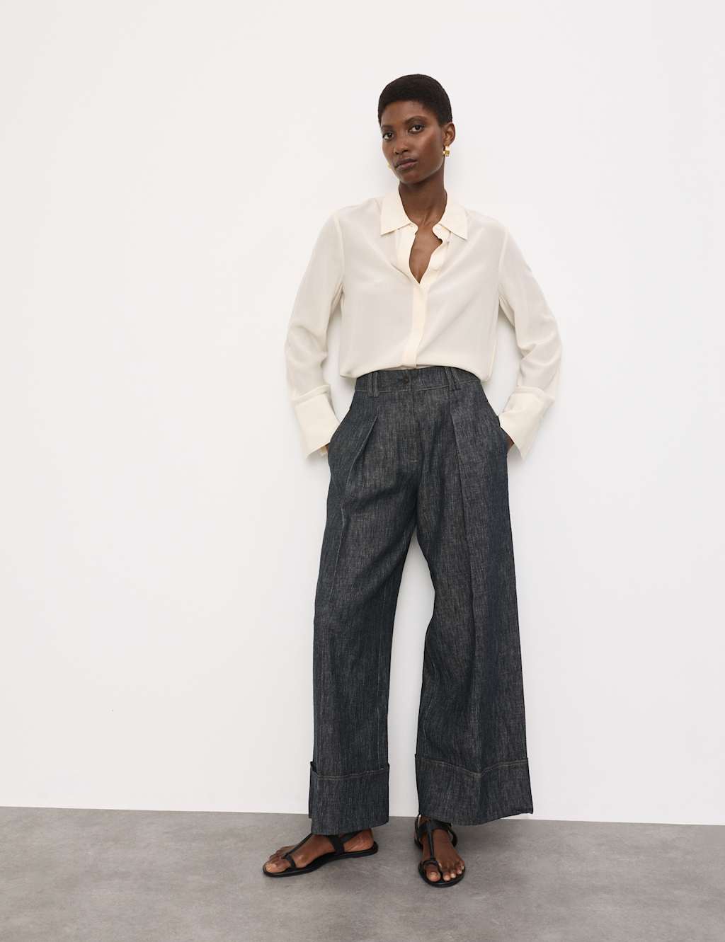 Autograph Linen Rich Cuffed Wide Leg Trousers Denim