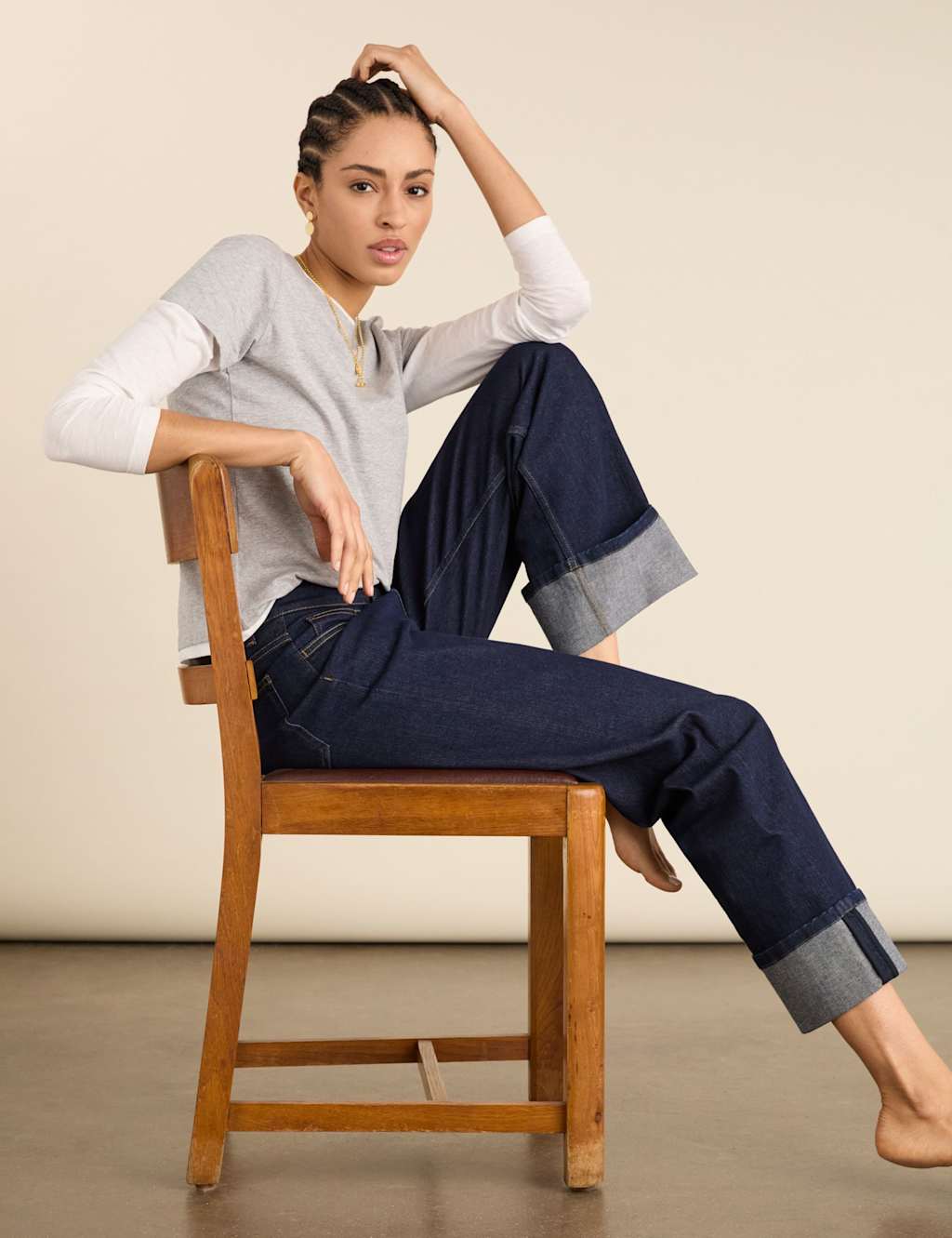 BAUKJEN Mid Rise Straight Leg Turn Up Jeans Dark Blue Denim