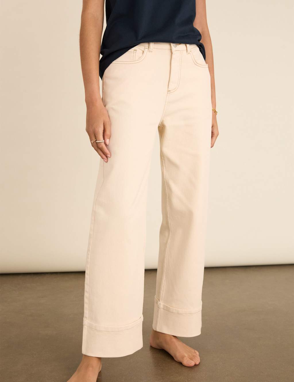 BAUKJEN Mid Rise Straight Leg Turn Up Jeans Ecru