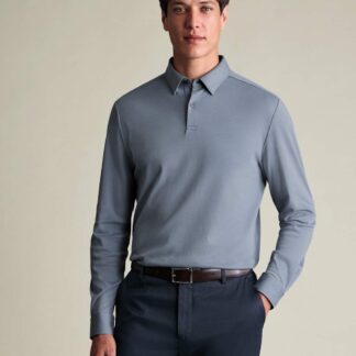 Charles Tyrwhitt Pure Cotton Jersey Long Sleeve Polo Shirt Blue Denim