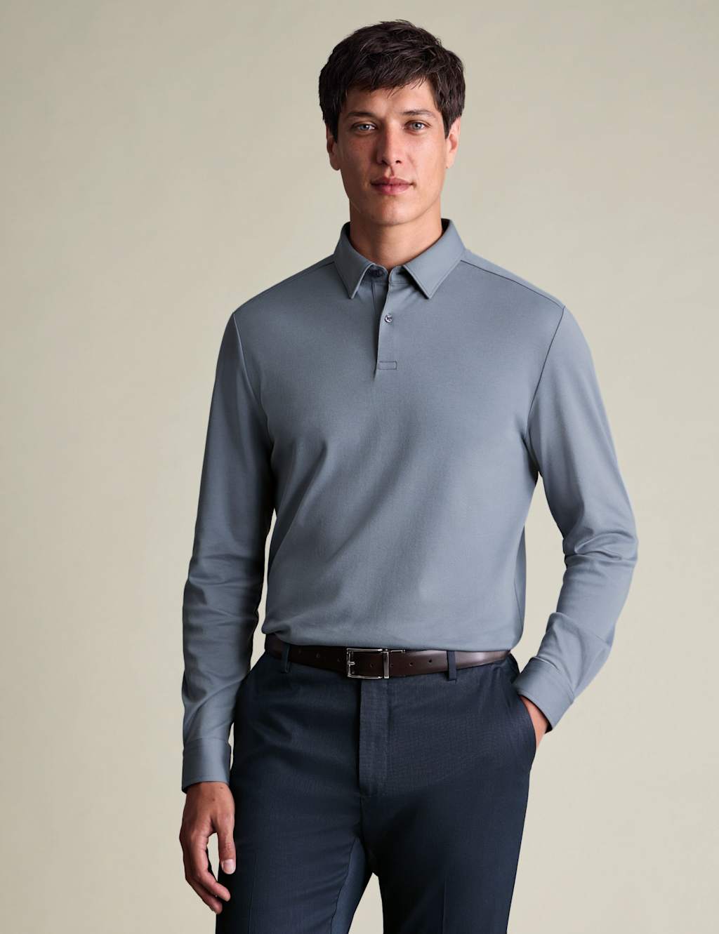 Charles Tyrwhitt Pure Cotton Jersey Long Sleeve Polo Shirt Blue Denim