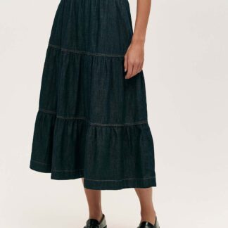 Finery London Denim Midi Tiered Skirt Indigo