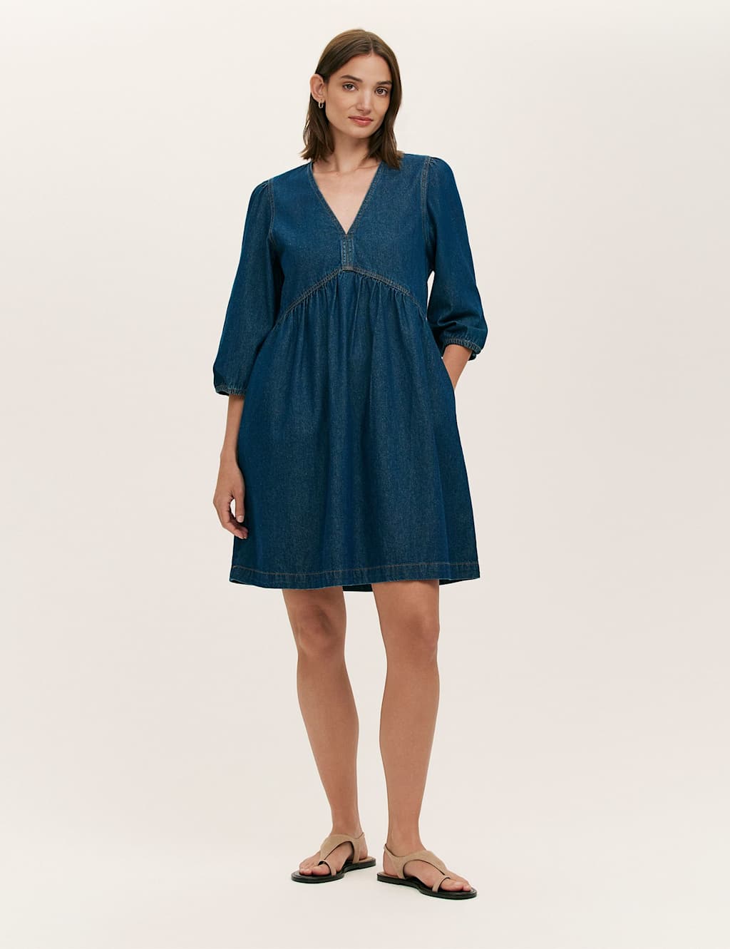 Finery London Pure Cotton Denim Midi Smock Dress Blue
