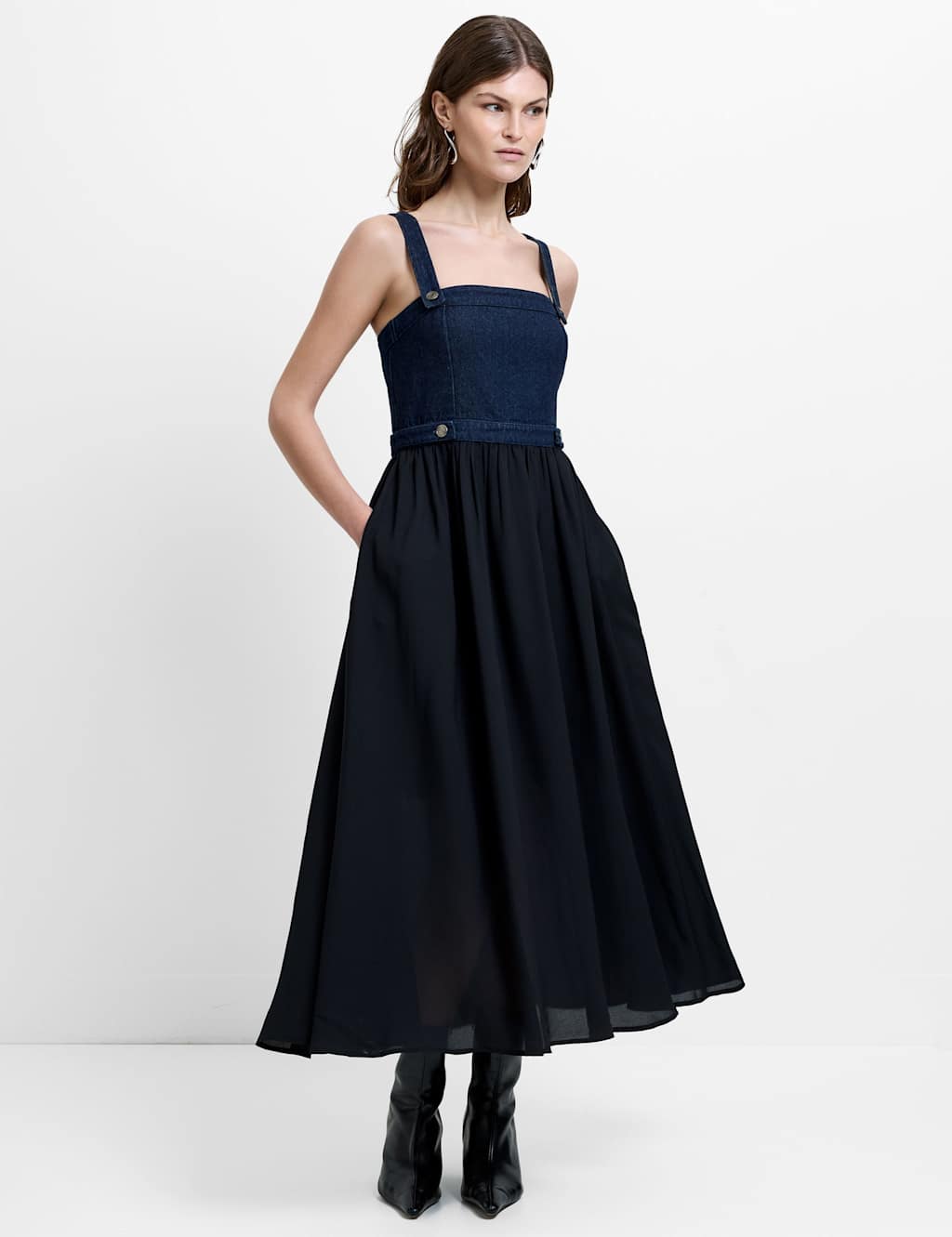 French Connection Denim Square Neck Strappy Midi Skater Dress Black