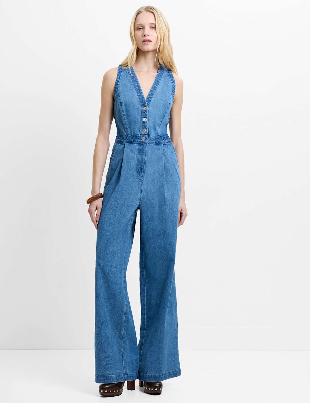 French Connection Pure Cotton Denim Waisted Jumpsuit Blue Denim