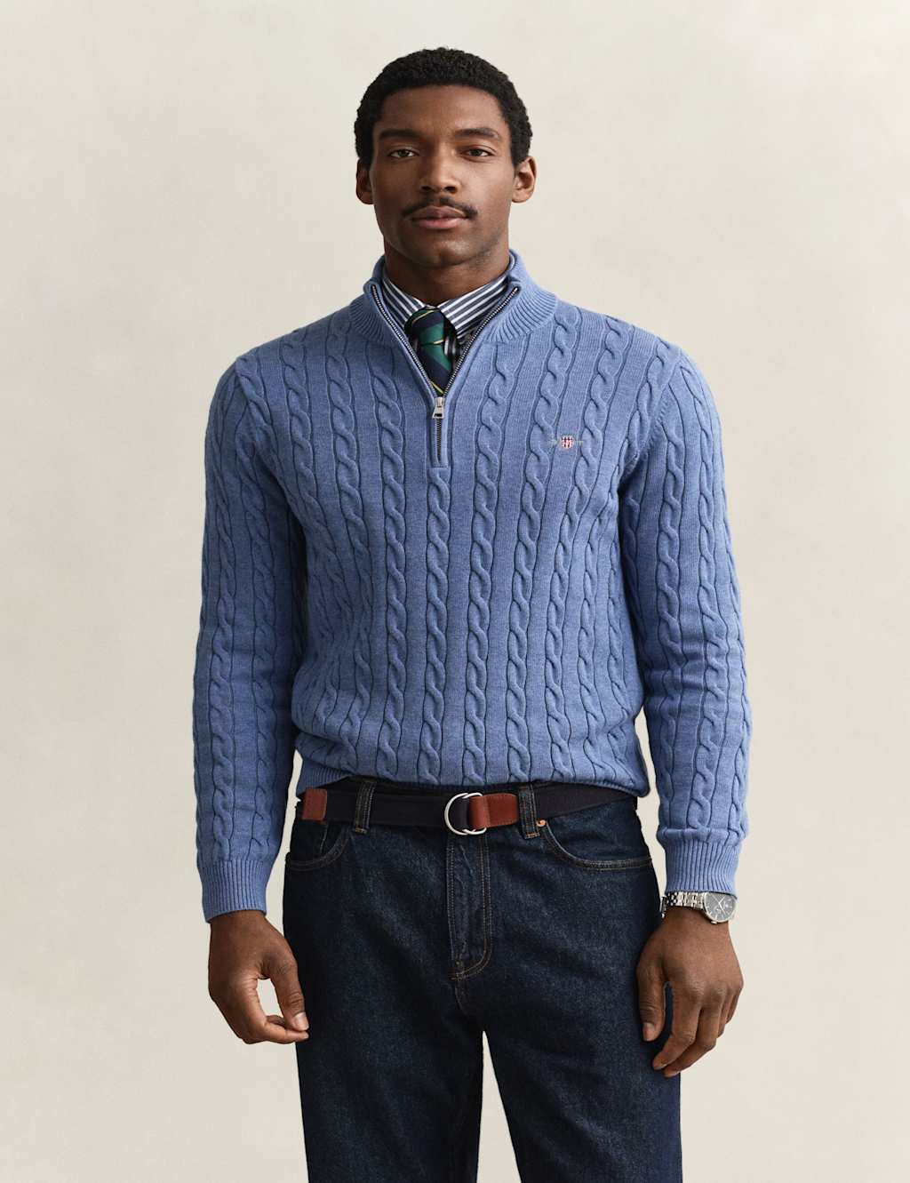 GANT Pure Cotton Cable Half Zip Jumper Blue Denim