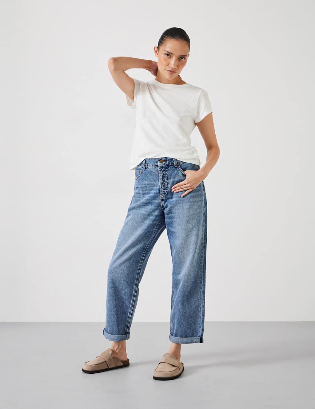HUSH Boyfriend Mid Rise Cropped Turn Up Jeans Light Blue