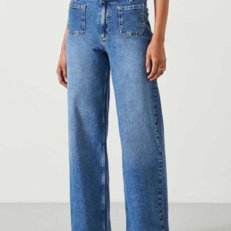 HUSH Mid Rise Patch Pocket Wide Leg Jeans Blue Denim