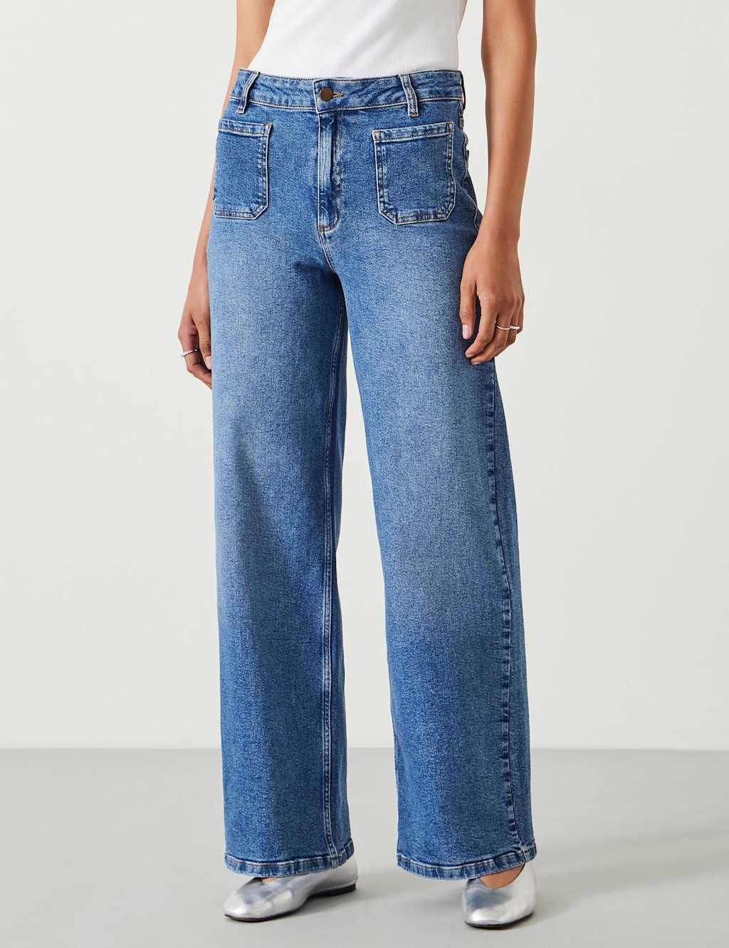 HUSH Mid Rise Patch Pocket Wide Leg Jeans Blue Denim