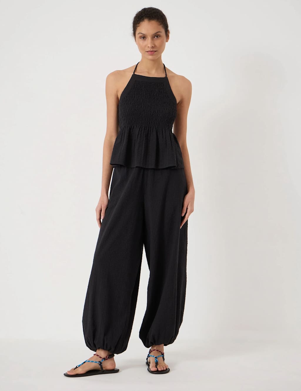 HUSH Pure Cotton Seersucker Balloon Trousers Black
