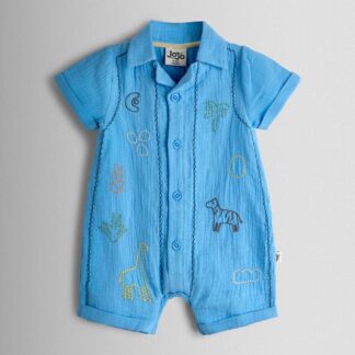 JoJo Maman Bébé Pure Cotton Embroidered Safari Romper (0-24 Mths) Denim
