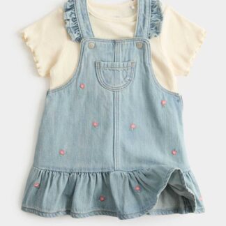 M&S 2 Piece Denim Embroidered Pinny Outfit (0-5 Yrs) Denim Mix