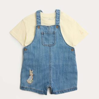 M&S 2 Piece Denim Peter Rabbit™ Bibshort Outfit (0-3 Yrs) Blue Mix