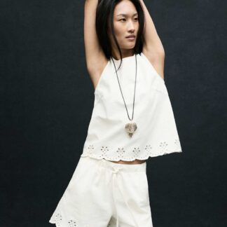 M&S Denim Broderie Pull On High Waisted Shorts Soft White