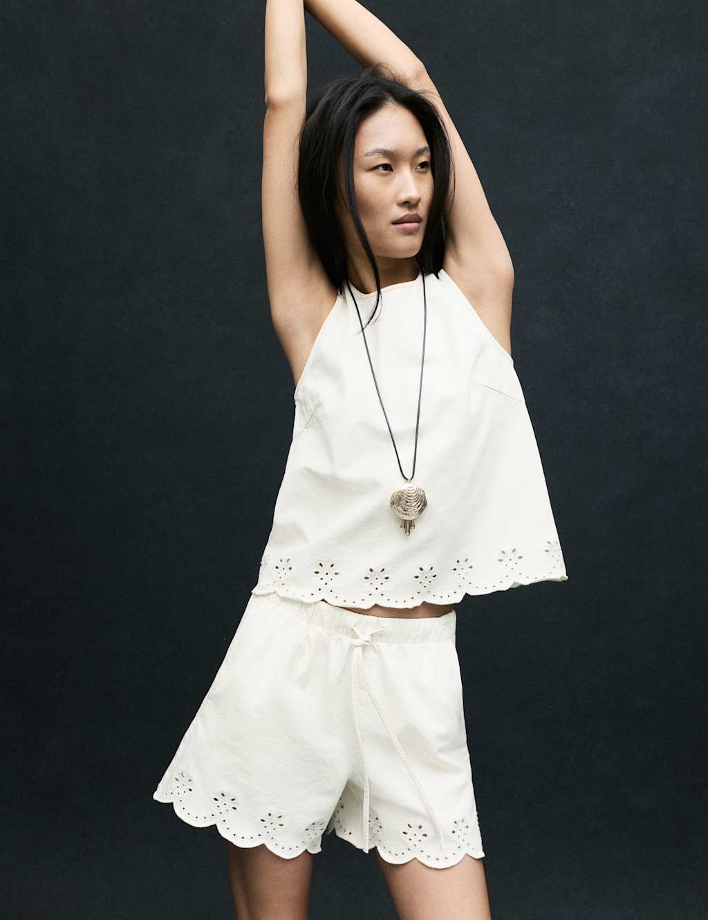 M&S Denim Broderie Pull On High Waisted Shorts Soft White