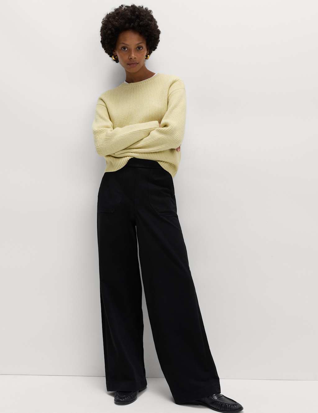 M&S Denim Elasticated Waist Wide Leg Trousers Black