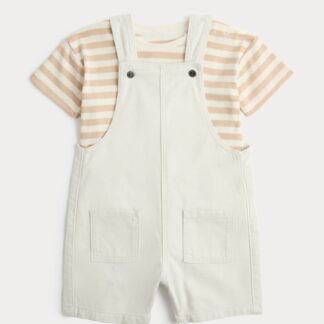 M&S Ecru Denim Dungarees & Striped Tee Outfit (0-3 Yrs) Ecru