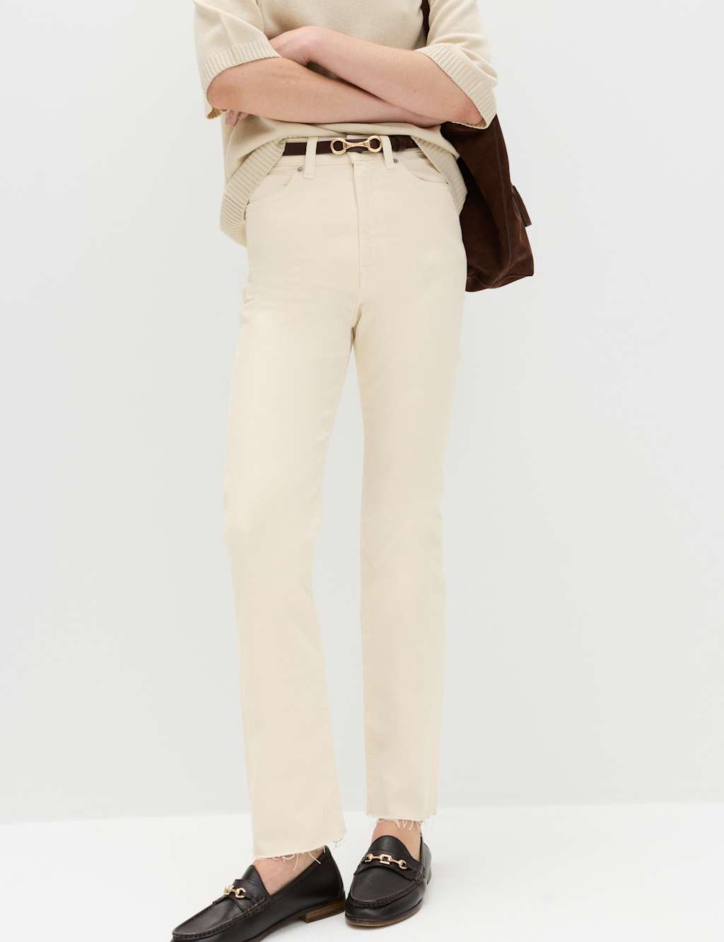 M&S High Waisted Frayed Kickflare Jeans Ecru
