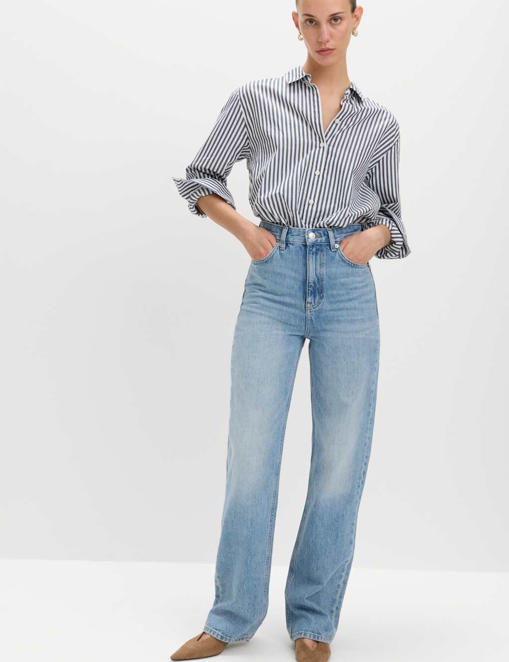 M&S High Waisted Relaxed Straight Jeans Light Indigo