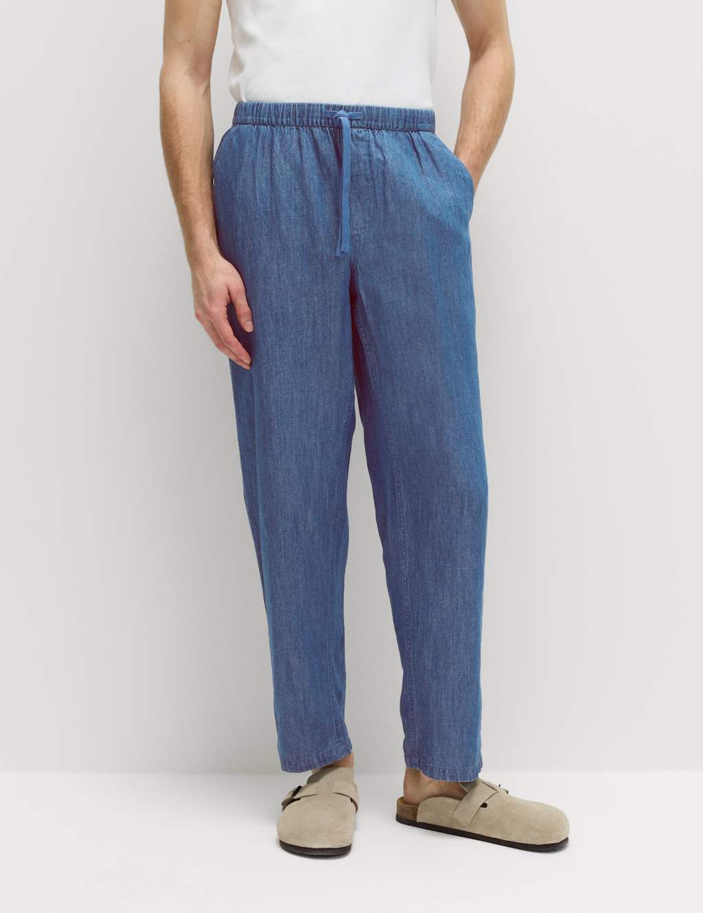 M&S Loose Fit Linen Blend Elasticated Waist Trousers Denim