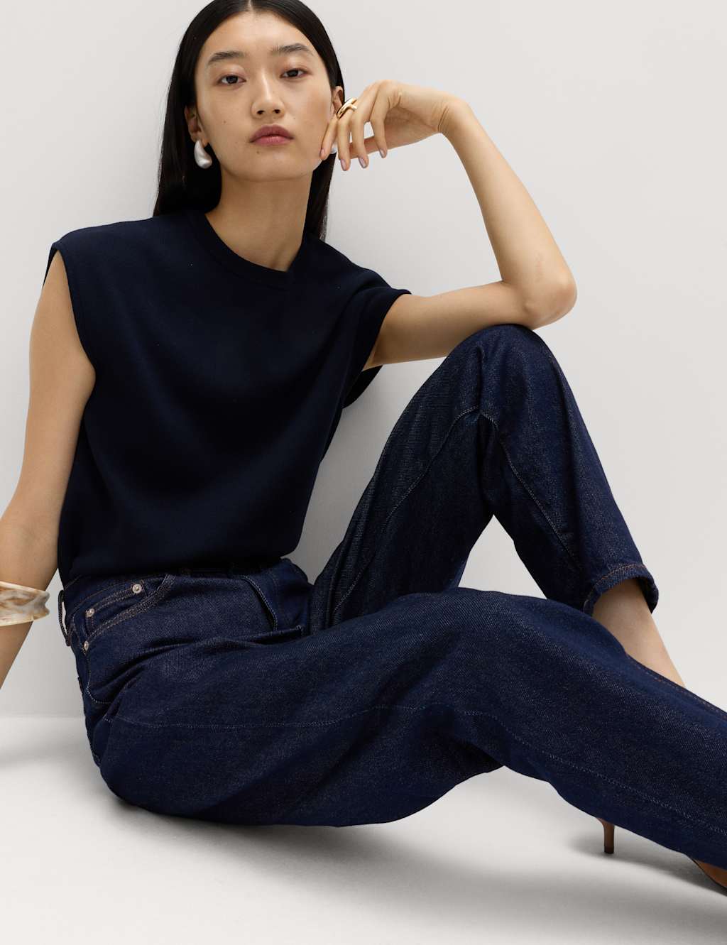 M&S Mom High Waisted Ankle Grazer Jeans Indigo Mix
