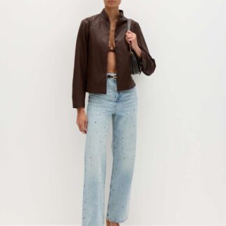 M&S Relaxed High Waisted Gem Embellished Straight Leg Jeans Light Indigo