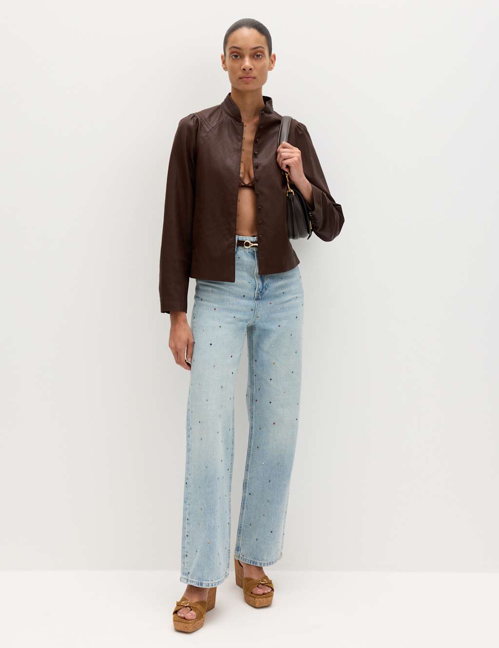 M&S Relaxed High Waisted Gem Embellished Straight Leg Jeans Light Indigo